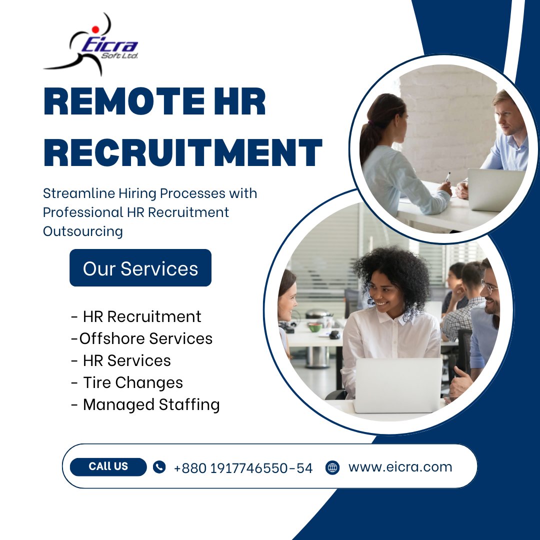 eicrasoft's tweet photo. 🚀 Build a Stronger Workforce with Professional Remote HR Recruitment!

Finding the right talent shouldn't slow down your business. Let Eicra Soft Ltd. handle your recruitment process while you focus on growth.

Our Remote HR Recruitment solutions help businesses hire skilled professionals quickly, efficiently, and cost-effectively—whether you're building a local team or expanding globally.

Our Services:
✅ HR Recruitment
✅ Offshore Recruitment Services
✅ HR Outsourcing
✅ Managed Staffing
✅ End-to-End Talent Acquisition

💼 Reduce hiring time.
🌍 Access top remote talent.
📈 Scale your business with confidence.

📞 Contact us today: +8801917746550-54

#RemoteHR #HRRecruitment #RecruitmentOutsourcing #ManagedStaffing #OffshoreRecruitment #RemoteHiring #TalentAcquisition #HumanResources #BusinessGrowth #EicraSoft