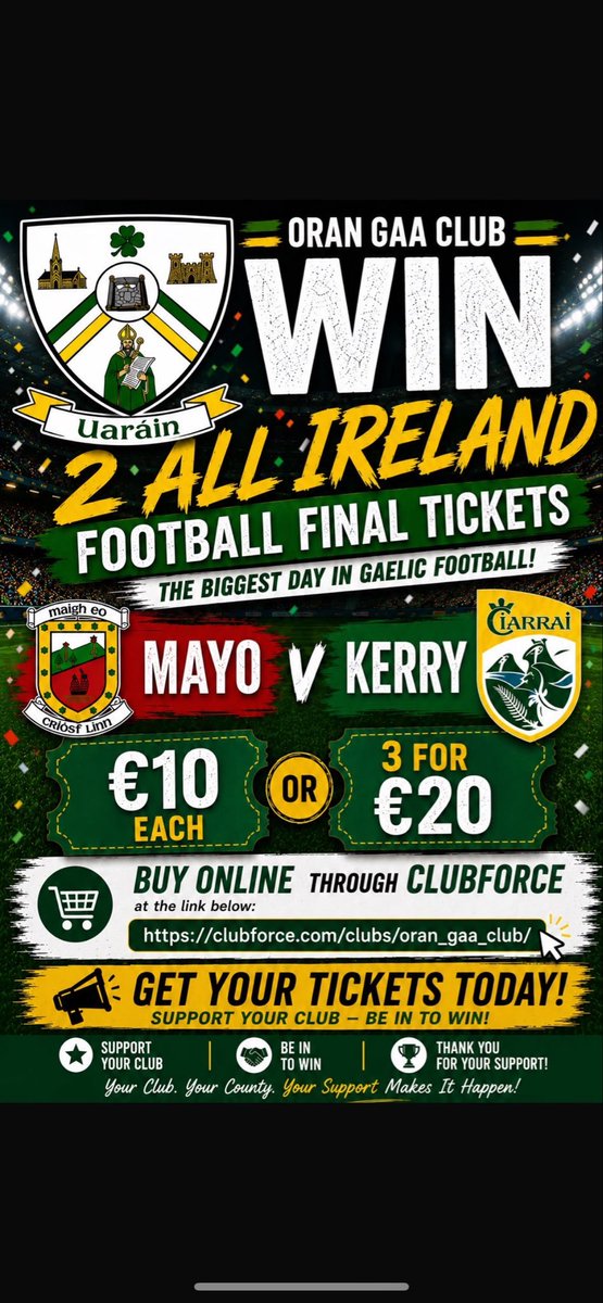 ORANGAA's tweet photo. Only 3 days left to enter.
3 tickets for €20.
Thanks to everyone who has entered already!
Please share with friends, family, Mayo and Kerry supporters.
#MayoGAA #KerryGAA
https://t.co/iudHBbttSO https://t.co/j530YuEmUL