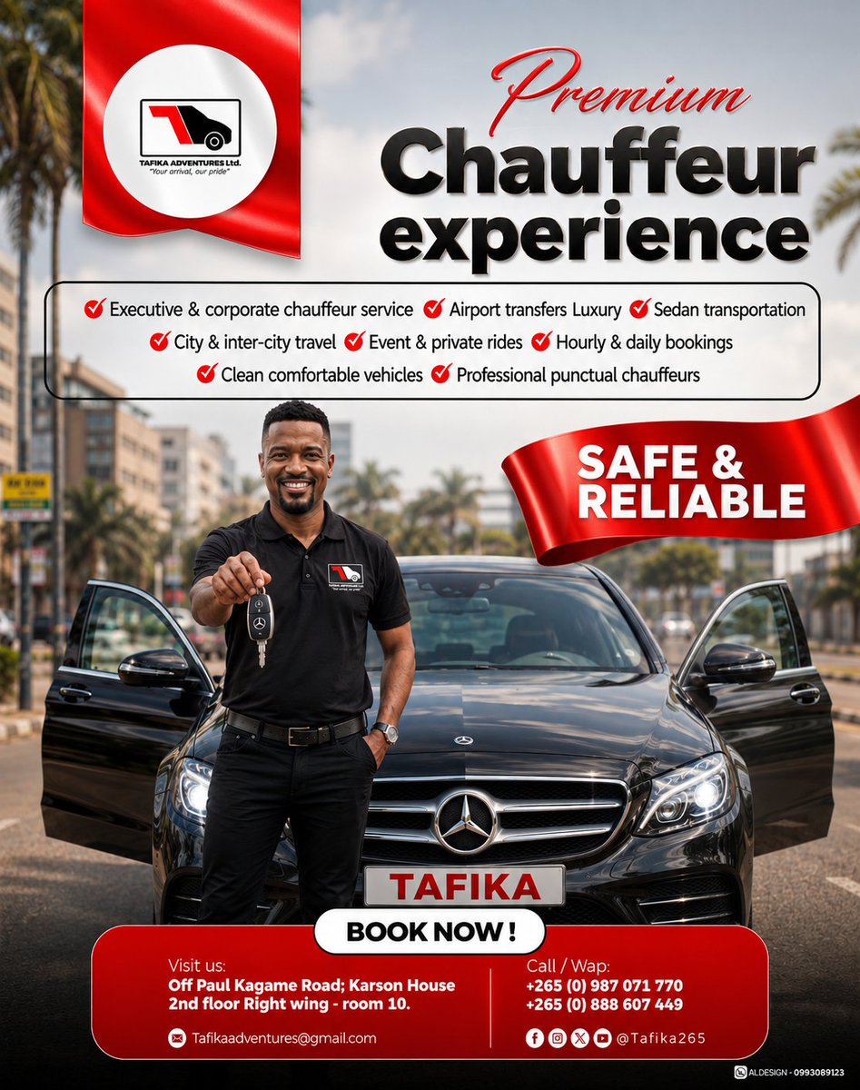 Tafika265's tweet photo. ✨ 𝐀𝐫𝐫𝐢𝐯𝐞 𝐢𝐧 𝐒𝐭𝐲𝐥𝐞.
🚘 𝐖𝐡𝐞𝐫𝐞 𝐄𝐯𝐞𝐫𝐲 𝐉𝐨𝐮𝐫𝐧𝐞𝐲 𝐁𝐞𝐜𝐨𝐦𝐞𝐬 𝐚 𝐅𝐢𝐫𝐬𝐭-𝐂𝐥𝐚𝐬𝐬 𝐄𝐱𝐩𝐞𝐫𝐢𝐞𝐧𝐜𝐞.

Why settle for ordinary when every trip can reflect comfort, professionalism, and prestige? ✨

📞 Book Your Premium Ride Today https://t.co/zLyMMgSsRx