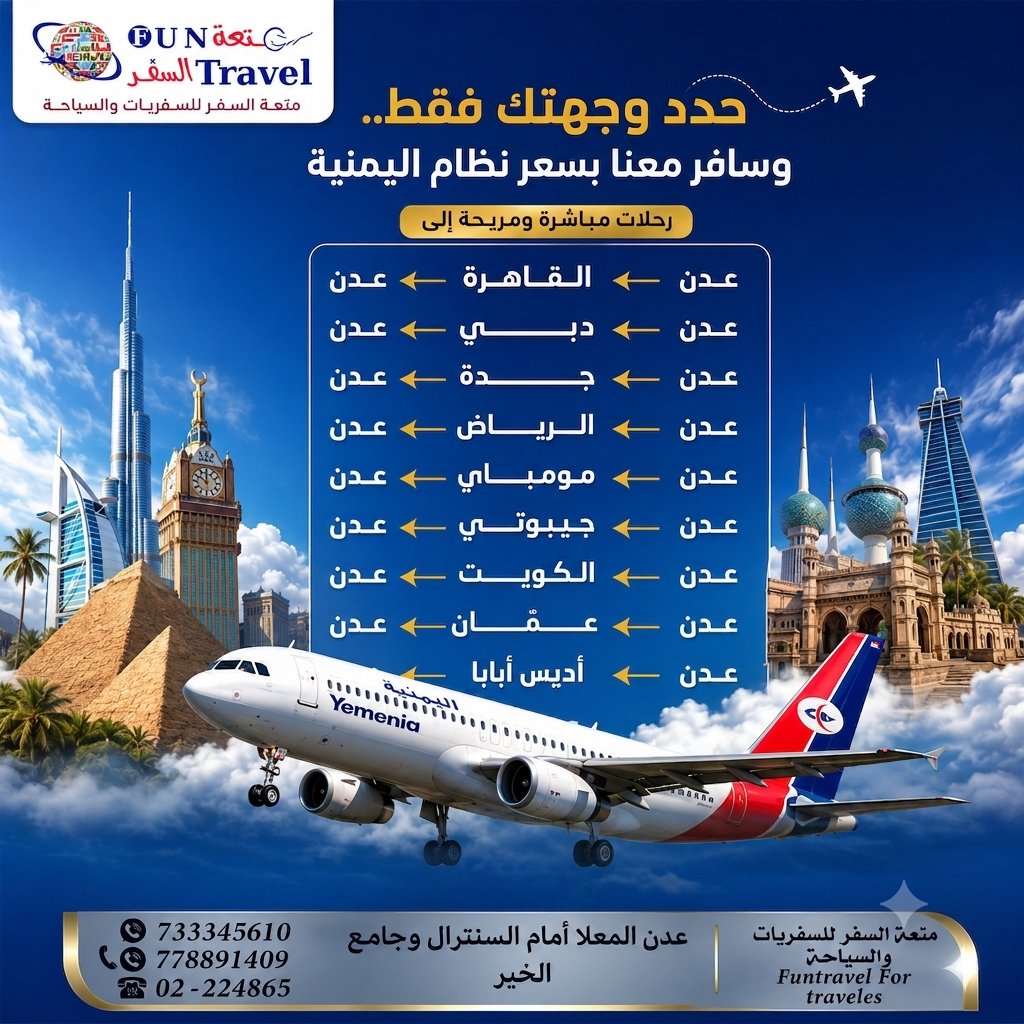 samer201537's tweet photo. آفاق.. ووجهات لأجمل العواصم العربية مع طيران "اليمنية" ✈️ 🌏
حدد وجهتك الآن.. واترك لنا متعة التحليق!
📲 للحجز والاستفسار :- 
 
​يسعدنا تشريفكم لنا في مقر المكتب أو التواصل معنا عبر الأرقام التالية:
🪀 https://t.co/5CllEzhATx
🪀 https://t.co/dAvhu9hA0K https://t.co/u0xz1vZD3d