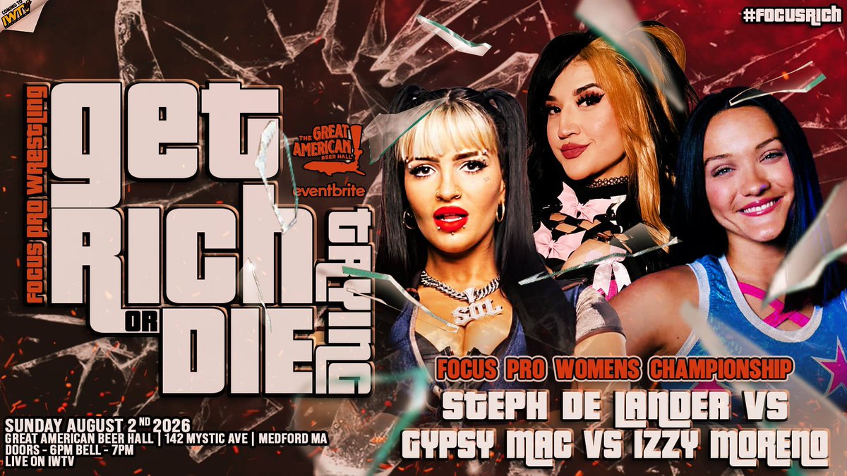 FocusProWrestle's tweet photo. 12 days away!!!!

Four more reasons you don’t want to miss August 2 at the Great American Beer Hall. Which match are you most excited for? 

• @LondonFu v @BrianBayside 
• @KJOrso v @LJ_Cleary 
• @TheJWMurdoch v @ViolentBreedJBA 
• @stephdelander v @thegypsymac v @ItsIzzyMania 

🎟️ Tickets on sale now!
      https://t.co/SliK2YmePM

Watch LIVE on IWTV