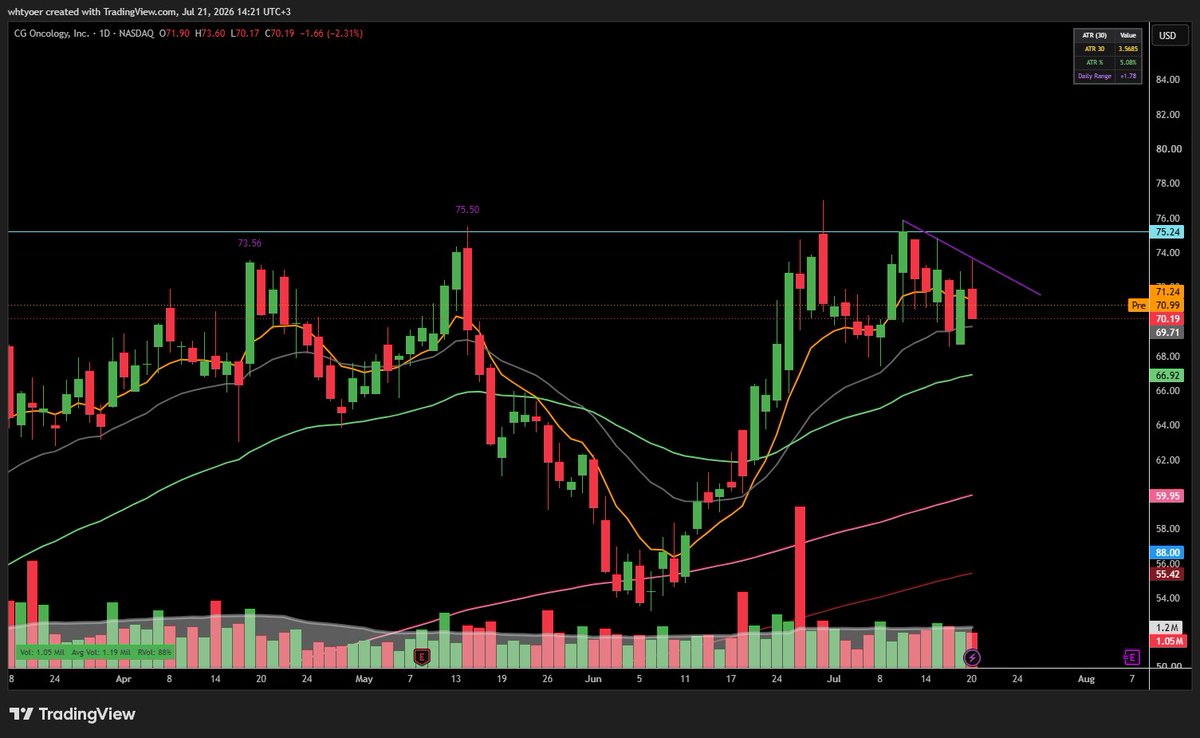 whtyoer's tweet photo. $CGON Tight flag on the inverse H&amp;S bounced on the 150 SMA (pink) and holding the 20 EMA (grey) https://t.co/hSCGW4rGNL