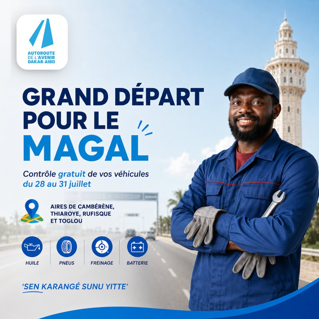 autorouteavenir's tweet photo. Avant le départ vers Touba, prenez quelques minutes pour faire vérifier votre véhicule gratuitement sur nos aires de repos/services dans le sens DAKAR vers AIBD (1/2). https://t.co/lrFhn51O9n