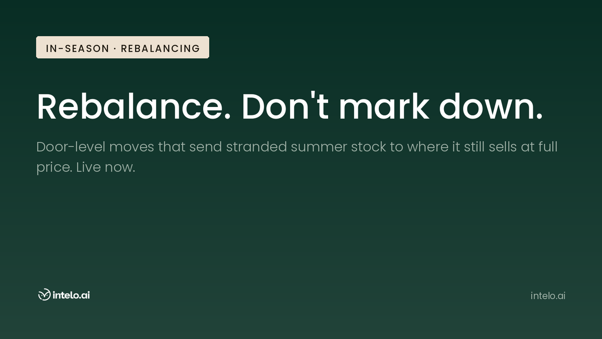 AI_Intelo's tweet photo. Selling down unevenly this summer? The reflex is to mark down. The better move: rebalance.

Our Rebalancing agent now moves stock door-to-door — out of the store where it's stuck, into the one still selling it at full price. Live now.

#RetailAI #RetailTech #AIAgents https://t.co/2ICMZKF4ED