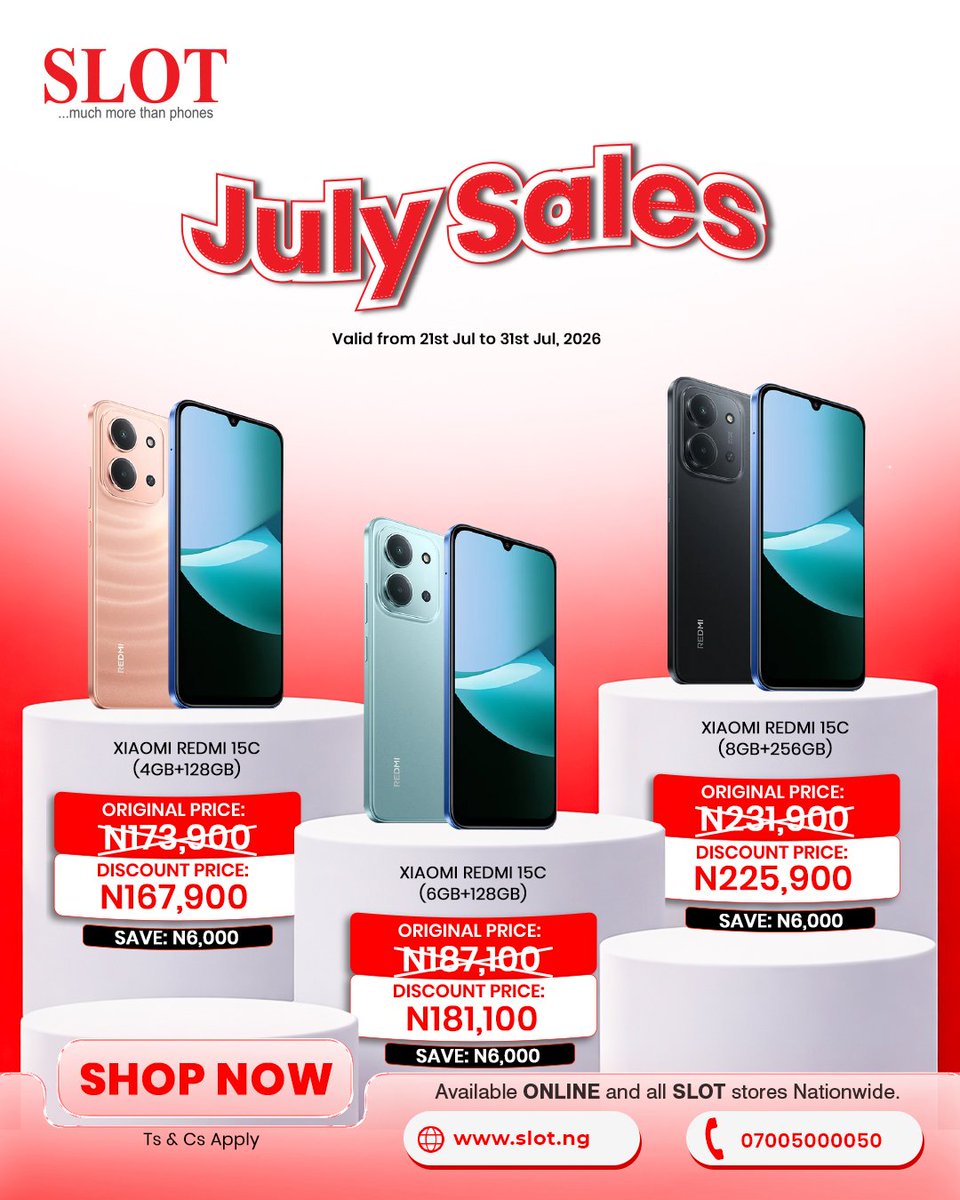 slotlimited's tweet photo. Why pay more when July is giving you more? 

Shop genuine smartphones at amazing prices during the SLOT July Sales.

Visit any SLOT store nationwide or order online today @www.slot.ng

📅 Hurry! Offer ends July 31st and Aug 9th, 2026 respectively. Kindly swipe through for each offer duration.

For inquiries;
Call us on 07005000050
Send us a WhatsApp message via https://t.co/UJjjnWkVP0 

#SLOTNigeria #Promosales