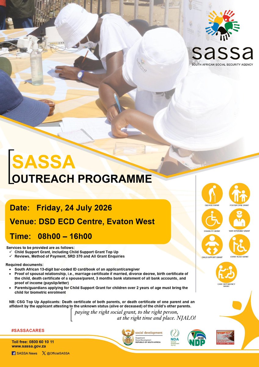 OfficialSASSA's tweet photo. SASSA Gauteng Region is taking services to the people.

Join us for an Integrated Community Registration Outreach Programme (ICROP) at the following area on Friday, 24 July 2026:

Venue : DSD ECD Centre,  Evaton West
Time: 08h00 - 16h00 

Don't miss it!

#SASSAOutreach
#SASSACARES