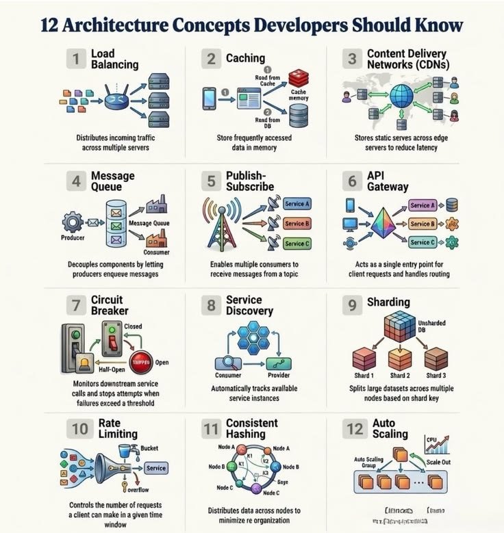 Hamzaonchain's tweet photo. 12 Architecture Concepts Every Developer Should Know 

If you're getting into backend engineering, cloud, DevOps, or system design, these concepts will come up over and over again.

Here's a simple breakdown:

1. Load Balancing
Distributes incoming traffic across multiple servers to prevent overload, improve performance, and increase availability.

2. Caching
Stores frequently accessed data in memory, reducing database queries and making applications much faster.

3. Content Delivery Network (CDN)
Serves static content from servers closest to users, reducing latency and improving load times worldwide.

4. Message Queue
Allows applications to communicate asynchronously by queuing tasks instead of processing everything immediately.

5. Publish-Subscribe (Pub/Sub)
One service publishes an event, and multiple services subscribed to that event receive it automatically.

6. API Gateway
Acts as the front door for APIs, handling routing, authentication, rate limiting, and request management.

7. Circuit Breaker
Stops requests from reaching a failing service, preventing cascading failures while the service recovers.

8. Service Discovery
Helps services automatically find and communicate with each other in dynamic environments like Kubernetes.

9. Sharding
Splits a large database into smaller databases (shards) to improve scalability and performance.

10. Rate Limiting
Restricts how many requests a client can make within a specific time to prevent abuse and protect resources.

11. Consistent Hashing
Distributes data across servers while minimizing data movement when servers are added or removed.

12. Auto Scaling
Automatically adds or removes compute resources based on traffic, ensuring performance while optimizing costs.