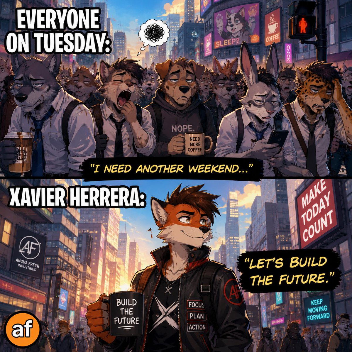 AngusFreyr's tweet photo. Tuesday Has Two Types of People… Which One Are You? ☕🦊
#Tuesday #TuesdayMood #Furry #FurryFandom #Anthro #FurryArt #Comic #Meme #Relatable #Coffee #Motivation #DigitalArt #WebComic #XavierHerrera #AngusFreyr #afeditorial https://t.co/kFESnbqxjX