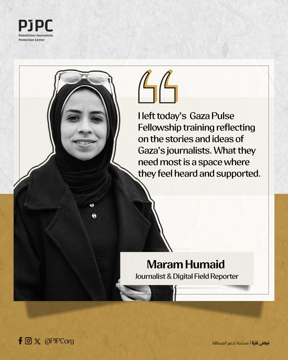 PJPCorg's tweet photo. 📝 In the “Writing and Editing Story Pitches” session of the Gaza Pulse Fellowship, journalist and field reporter Maram Humaid explored how to develop strong story ideas and turn them into professional pitches for international media organizations.
#PJPC #GazaPulseFellowship https://t.co/1n25JQqjU8