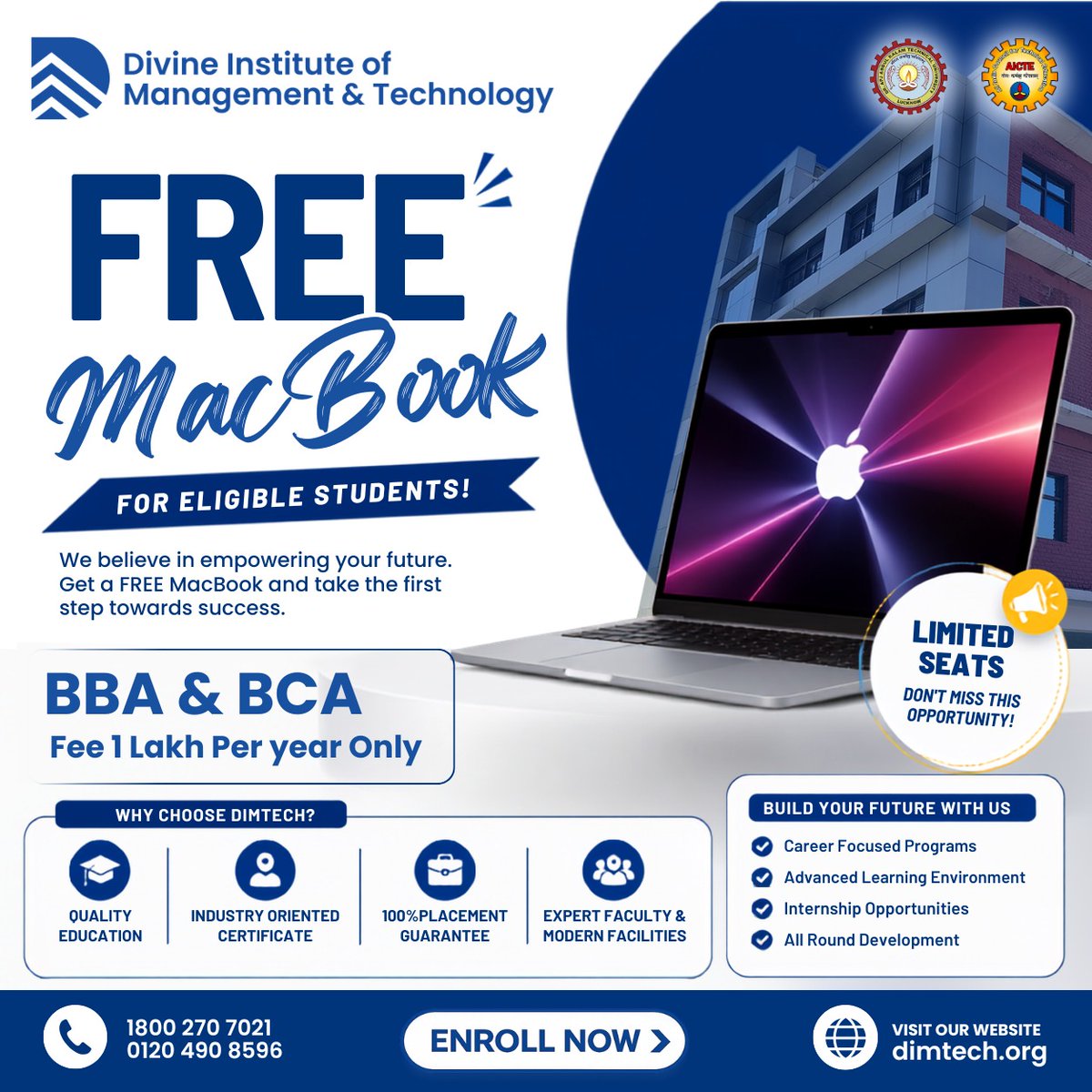dimtechOfficial's tweet photo. Don't Just Earn a Degree—Build a Successful Career.
Enroll in BBA or BCA at DIMTECH and get a FREE MacBook (for eligible students). Learn from experts, gain industry exposure, and graduate with a 100% Placement Guarantee. Limited Seats. Apply Today! https://t.co/I6H4WSJ0kO