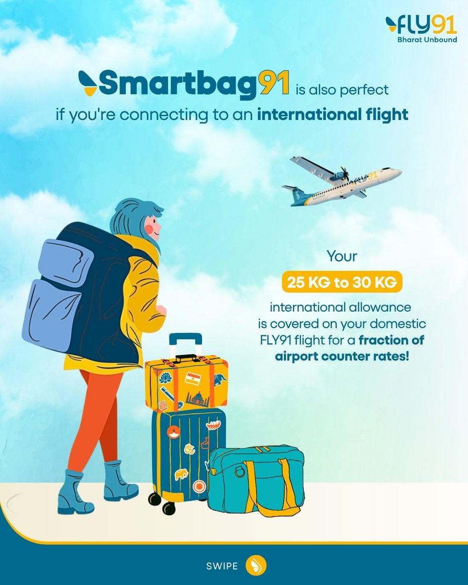 fly91_IN's tweet photo. One click before your flight could save you up to ₹12,000!

With our Smartbag91 offer, pay super discounted rates for pre-booked excess baggage.

Swipe through for the details and head to https://t.co/FpzqDHyICy to book your tickets today!

#fly91 #travelhacks #flightoffer #flightdiscount