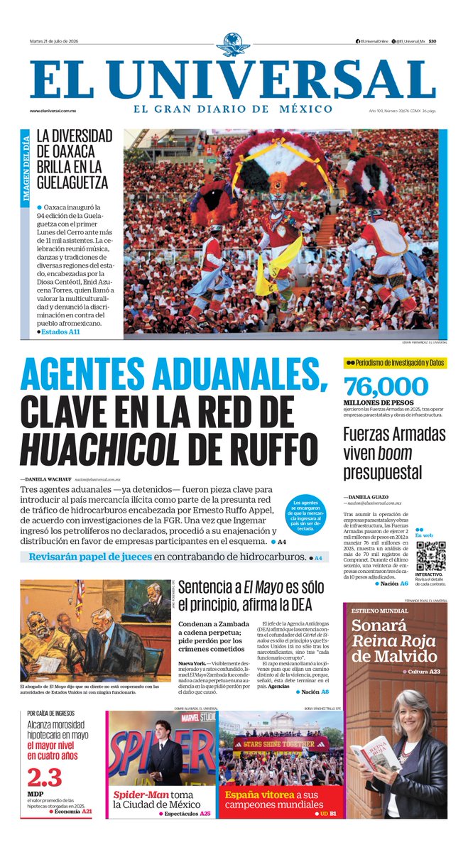 El_Universal_Mx's tweet photo. ¡Buenos días, lectores! Iniciamos la jornada informativa
con la portada de EL UNIVERSAL y sus secciones este 21 de julio https://t.co/Z1NMhjlzXI https://t.co/ZyxgFo4ca1