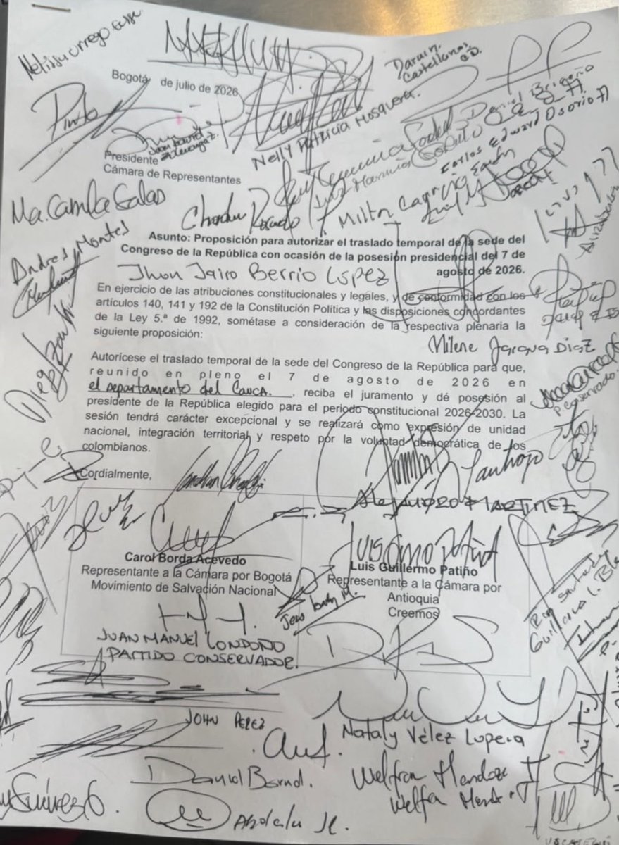 ricarospina's tweet photo. Esta es la proposición radicada en la @CamaraColombia por @MovSalvacionNal y @creemosco para autorizar el traslado temporal de la sede del Congreso para el departamento del Cauca con ocasión de la posesión del presidente @ABDELAESPRIELLA el próximo siete de agosto. Vía @BluRadioCo