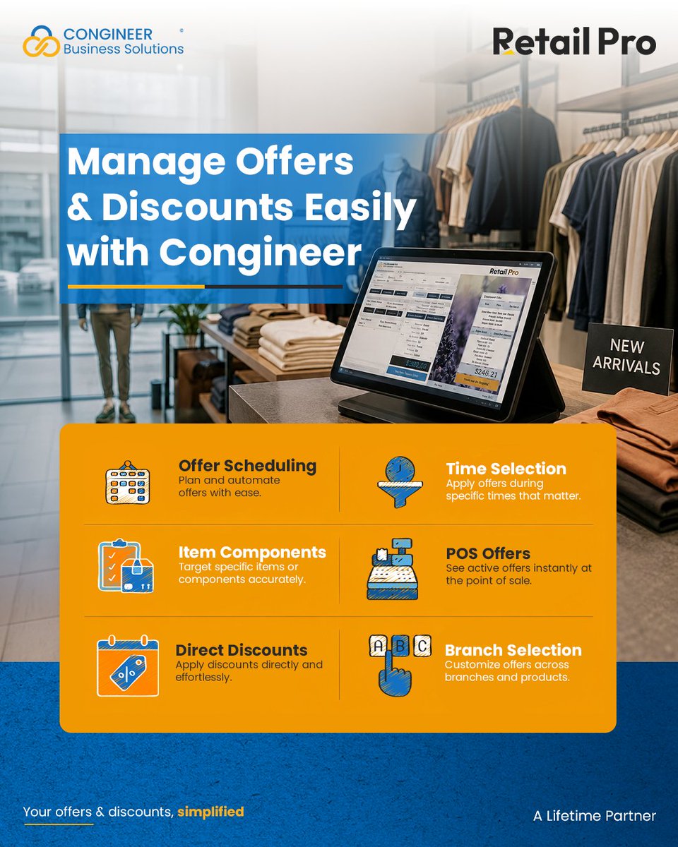 congineerbs's tweet photo. Manage offers. Drive sales.
With Congineer @RetailProNews  Pro, easily manage offers, discounts, timing, products, and branches — all in one place. 
Smart control. Stronger results.
A Lifetime Partner.
#Congineer #RetailPro #RetailManagement https://t.co/H0fs1SxCuS
