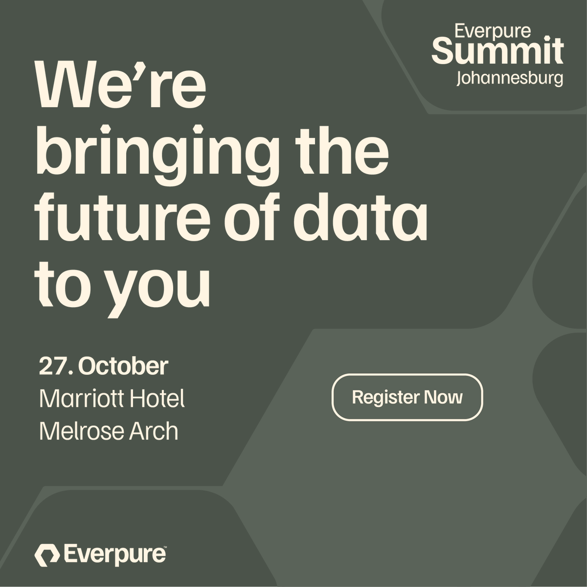 PureStorageMEA's tweet photo. Save the date. The Everpure Summit 2026 lands in Johannesburg on 27 October at the Marriott Melrose Arch. 

Registration is open now: https://t.co/aaPLUGbuv4

#EverpureSummit2026 #EverpureJohannesburg https://t.co/CtjGYTTCd8