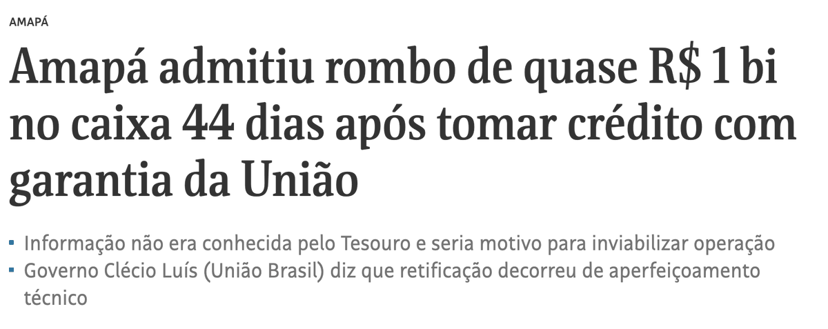 opapoeconomico's tweet photo. O Amapá pegou R$ 536 milhões emprestados com garantia do Tesouro Nacional

44 dias depois, admitiu um rombo de quase R$ 1 bilhão no caixa

Detalhe: quando pediu o empréstimo, o estado declarou ter R$ 4,9 bilhões em caixa. O valor real? R$ 236 milhões — 21 vezes menos

Se o Tesouro soubesse, o Amapá teria nota C e perderia a garantia da União. Mas ninguém verificou

O estado já tinha dado calote 3 meses antes. Mesmo assim, a Fazenda abriu exceção

É o contribuinte que banca o risco