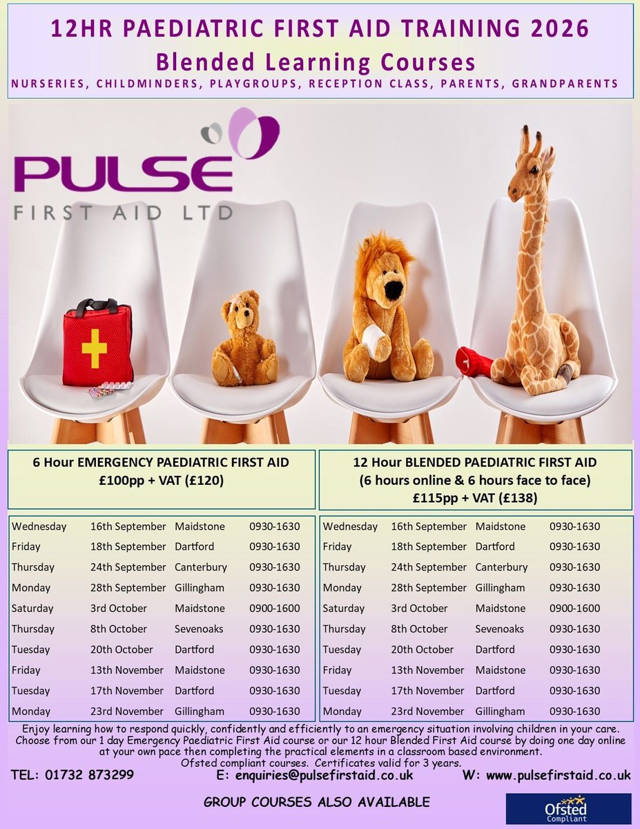 pulsefirstaid's tweet photo. Paediatric, Blended &amp; Emergency Paediatric First Aid Training Courses
Our next batch of courses are available for you. Book your training for September onwards. https://t.co/wevNhQ8VqH
#firstaid #courses #Blended #September #Maidstone #Sevenoaks #Canterbury #Gillingham #Dartford https://t.co/RSZ3kv8vxy