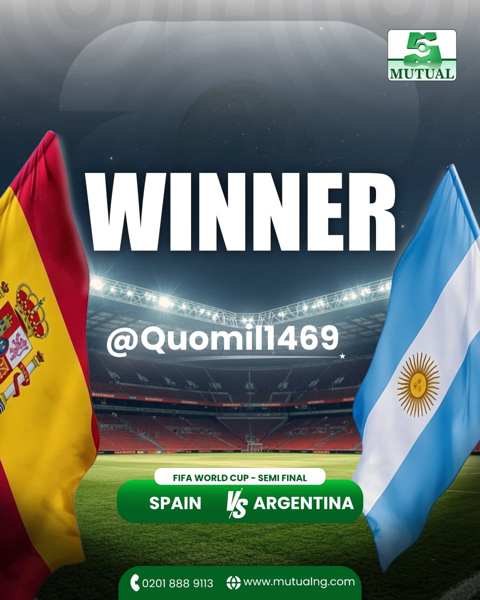 MutualPlc's tweet photo. ๐ Congratulations, @Quomil1469
You called it correctly and emerged as our Predict & Win winner for the Spain vs. Argentina FIFA World Cup 2026 Final! โฝ๐
#FIFAWorldCup2026 #FWC26 #WorldCup #PredictAndWin #MutualBenefits https://t.co/iLwZ27JWLH