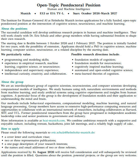 cpilab's tweet photo. We are looking for a postdoctoral researcher who wants to innovate at the intersection of cognitive science, neuroscience, and machine learning.
📍Munich
📅Flexible start: 10/2026–03/2027
⏳Full consideration by 14/08/2026
💼Funded for 2 years, extension possible
Please share. https://t.co/M4SKPXYH9u