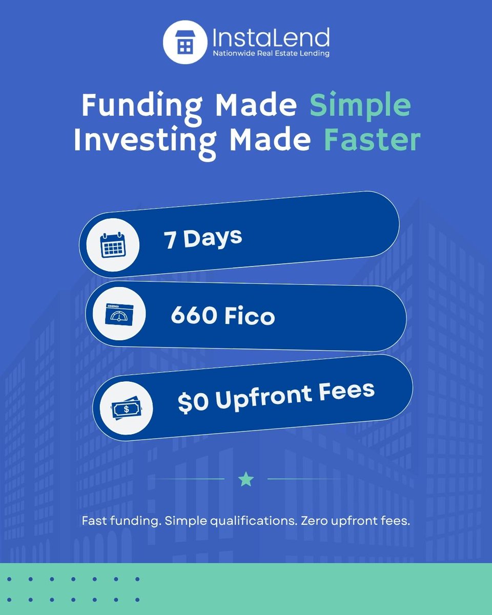 InstaLendCorp's tweet photo. With InstaLend, you can close in as little as 7 days, qualify with a 660 FICO, and $0 upfront fees. 

Ready to fund your next investment?

#InstaLend #RealEstateInvesting #PrivateLending #InvestmentProperty https://t.co/Ks4ouU32Y1