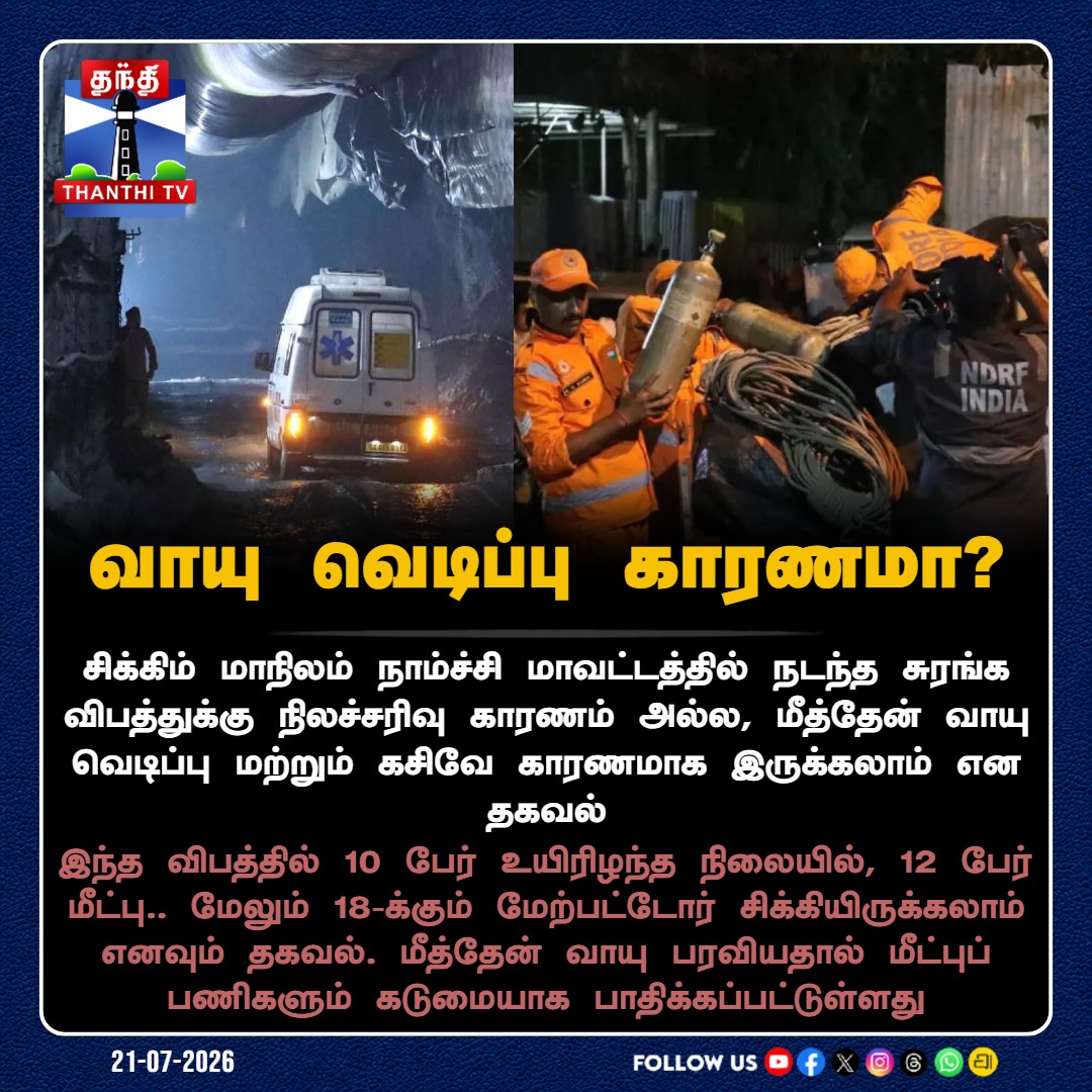 ThanthiTV's tweet photo. சிக்கிம் சுரங்க விபத்து: வாயு வெடிப்பு காரணமா?
#Sikkim #Namchi #TunnelAccident #MethaneExplosion #NDRF #SDRF #ThanthiTV https://t.co/Dipqugsm9i