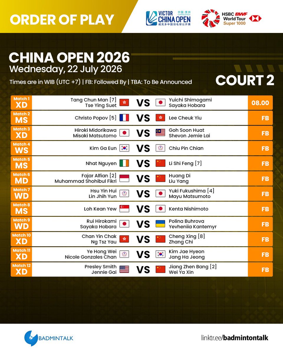BadmintonTalk's tweet photo. Order of Play - #ChinaOpen2026 (Day 2)

Wednesday, 22 July 2026
Starts at 08.00 WIB

Court TBA: Court is subject to change

SEMANGAT INDONESIA! https://t.co/LNsovgIQuz