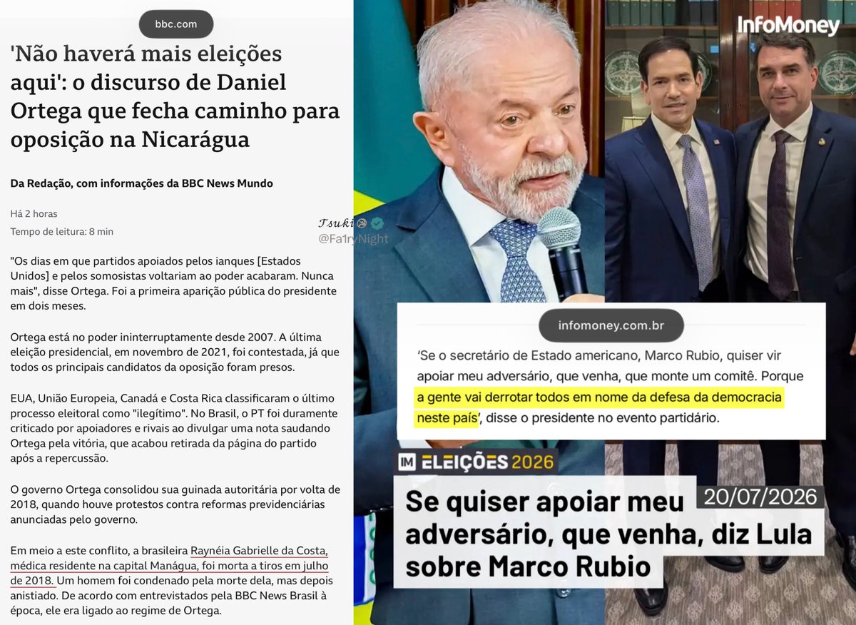 Fa1ryNight's tweet photo. Em 2018, um homem ligado ao regime de Ortega matou a tiros a brasileira Raynéia Gabrielle da Costa durante um protesto na Nicarágua. 
Agora, o companheiro elimina o maior símbolo da democracia … mas na cabeça do cachaceiro é preciso defender a democracia dos Bolsonaros e até do Rubio.