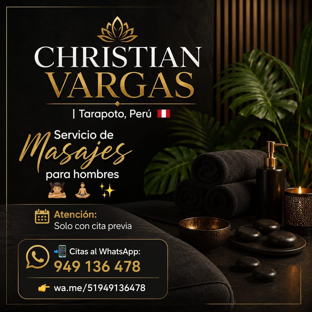 chrisvarcruz's tweet photo. CHRISTIAN VARGAS | Tarapoto, Perú 
Servicio de Masajes para hombres, hecho por hombre. 💆🏽‍♂️🧘‍♂️✨
📍 Tarapoto, Perú 🇵🇪
.
📆 Atención: Solo con cita previa.
.
📲 Citas al WhatsApp: 949 136 478 👉 https://t.co/7jzGRDdiGz 
.
#masajeparahombres #masajesparacaballeros #TarapotoMasajes https://t.co/wuZn21nD8x