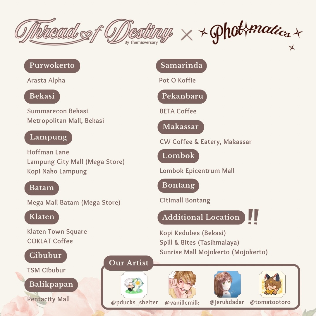 themisfess2's tweet photo. Can't make it to Themisversary but still want to celebrate? 

Don't worry — We're teaming up with  @Themisversary and @photomaticsid to celebrate Tears of Themis' 5th Anniversary~!

From July 22 - 28, the special frame will be available at these locations.

Do go before it ends! https://t.co/ogp336xh4L