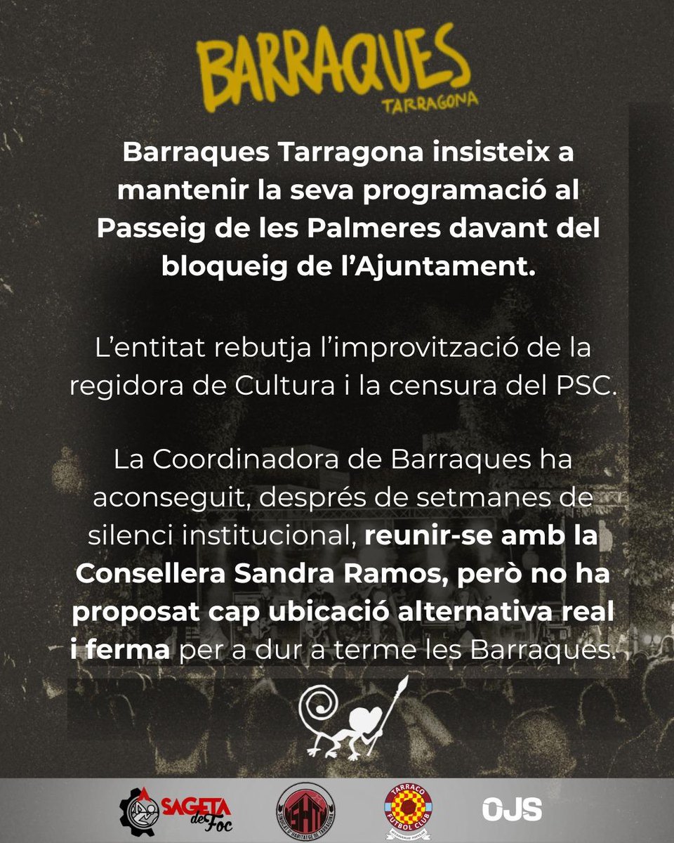 BarraquesTgn's tweet photo. [Comunicat oficial]

Barraques Tarragona denuncia la censura política i el bloqueig institucional per part del @PSCTarragona. 

Segueixen sense oferir espais alternatius i viables a menys de dos mesos de @SantateclaTGN.

Volem Barraques a les Palmeres! 🌴 https://t.co/KF99EIOh6s
