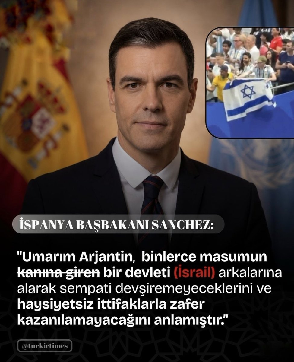 istblu01lIut's tweet photo. Manifesto gibi açıklama yapmış ders kitaplarına konulası... 

🇪🇸🇦🇷 İspanya Başbakanı Pedro Sánchez, Dünya Kupası finalinde Arjantin’i mağlup ederek şampiyonluğa ulaşmalarının ardından dikkat çeken açıklamalarda bulundu;

​“Bugün yalnızca bir futbol karşılaşmasını kazanmadık; sporun, siyasi hesaplardan ve çıkar ilişkilerinden daha güçlü olduğunu da gösterdik. Umarımı Arjantin, binlerce masumun kanına giren bir devleti arkasına alarak sempati devşiremeyeceğini ve haysiyetsiz ittifaklarla zafer kazanılamayacağını anlamıştır. Futbol sahaları siyasi provokasyonların değil; emeğin, mücadelenin ve milletlerin onurlu rekabetinin adresidir. İspanya, sahada kendi gücüne, kendi karakterine ve halkının desteğine güvenerek mücadele etti. Bu kupa da başkalarının gölgesine sığınmadan, yalnızca alın teriyle kazanılmış bir zaferin simgesidir.” dedi.