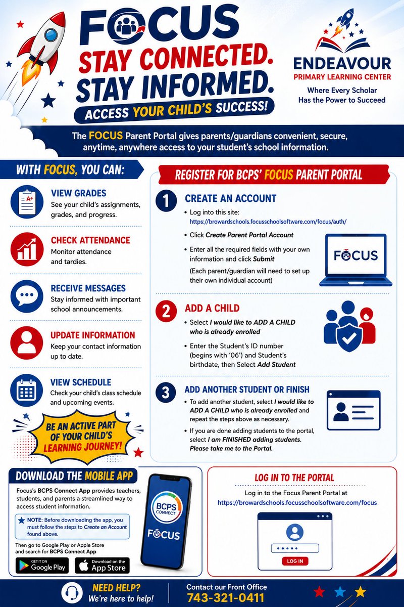 EPLC_bcps's tweet photo. 👨👩👧👦 Stay informed. Stay connected. Register for the BCPS FOCUS Parent Portal today and access your child's academic information 24/7. 🚀 #EPLC #ParentEngagement @bcps_sto @eplc_bcps https://t.co/Z8nqbTNohG