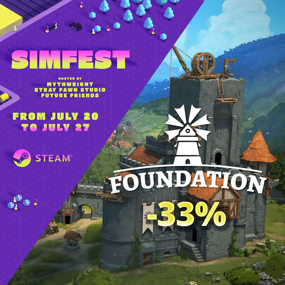 foundationgame's tweet photo. π°SimFest is underway on Steam!
Enjoy 33% OFF Foundation and turn a tranquil patch of land into a bustling medieval city.
π https://t.co/e78xGuZfJT
#FoundationGame #CityBuilder #SteamSale