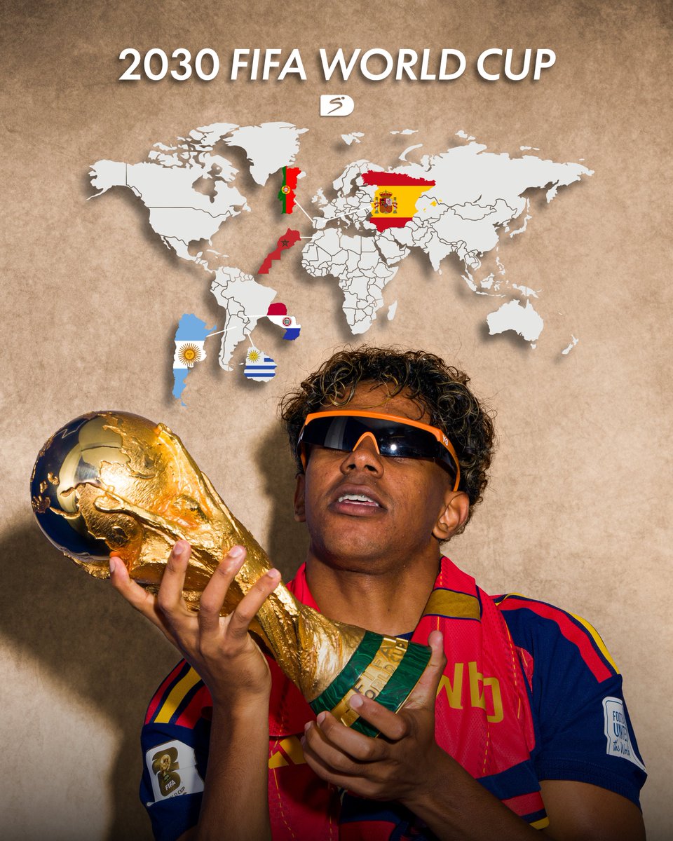 SSFootball's tweet photo. In 2030, 🇪🇸 Spain will be the 𝗳𝗶𝗿𝘀𝘁 𝗱𝗲𝗳𝗲𝗻𝗱𝗶𝗻𝗴 𝗰𝗵𝗮𝗺𝗽𝗶𝗼𝗻𝘀 to host a FIFA World Cup 🏆 

🇲🇦 Morocco, 🇪🇸Spain, and 🇵🇹Portugal will be the primary hosts of the next edition. 

The tournament will start in South America seeing 🇦🇷 Argentina, 🇵🇾 Paraguay, and first-ever hosts 🇺🇾 Uruguay host a match each to celebrate 100 years of the FIFA World Cup.

#EverythingCanWait #DStvFIFAWorldCup2026 #FIFAWorldCup2026