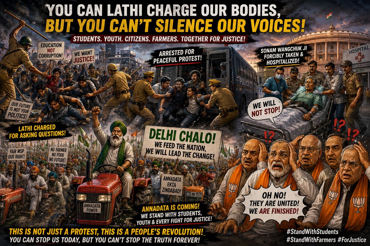 anup_anjan's tweet photo. Students asked questions. They were met with lathis.

Now the annadatas have answered with one message: Delhi Chalo.

#DelhiChalo #FarmersProtest #StandWithStudents #Democracy #RightToProtest #Accountability #India #SpeakUp #Cockroch #CJP #Education_India https://t.co/xtqfKscwYx