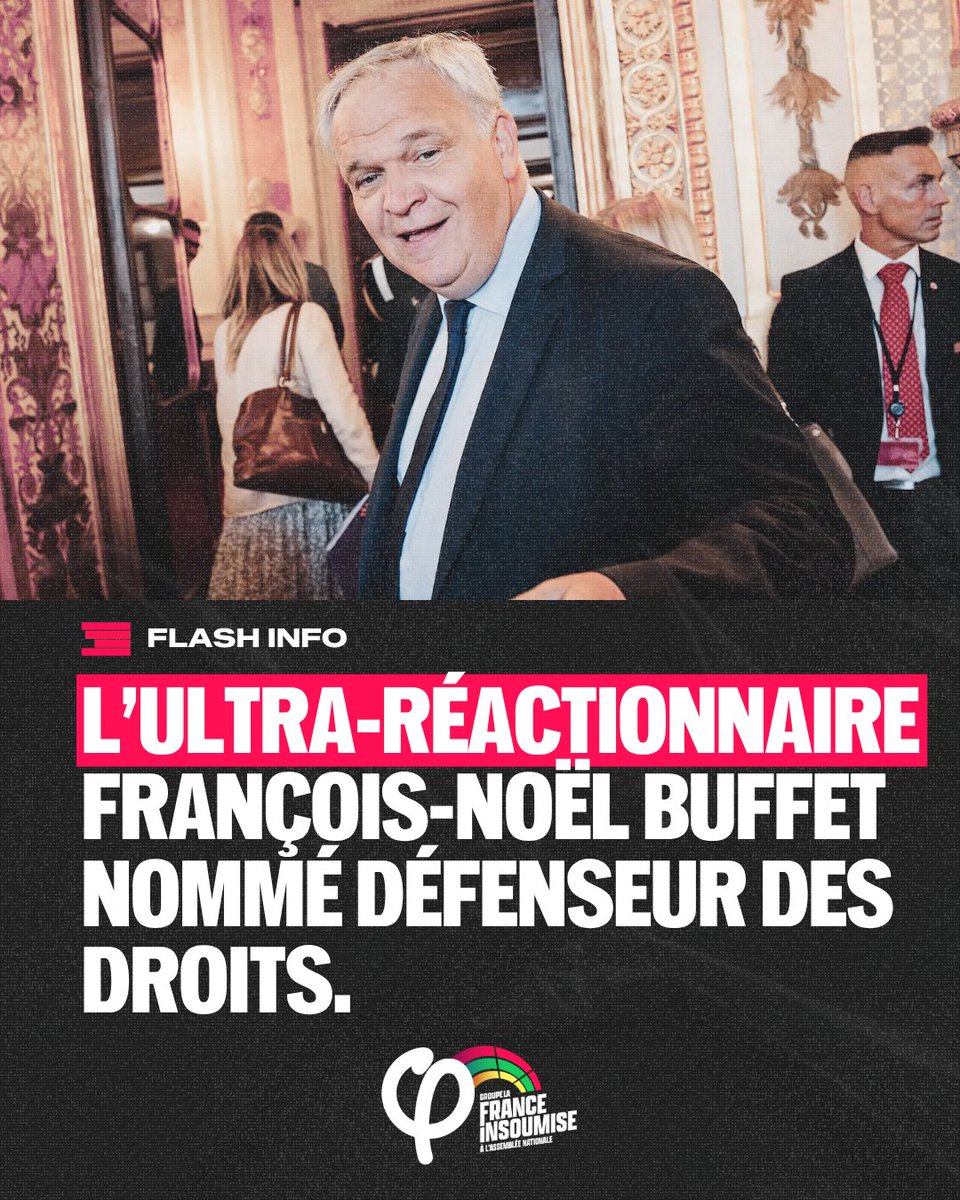 FiAssemblee's tweet photo. 🔴⚡️ ALERTE | François-Noël Buffet est nommé Défenseur des droits.

Macron confie la défense de nos droits et libertés à un sénateur LR ultra-réactionnaire qui les a lui-même piétinés.

Après le marchandage au sommet, le recasage entre amis.

Cette fonction méritait mieux. https://t.co/KpK5kxFe9A