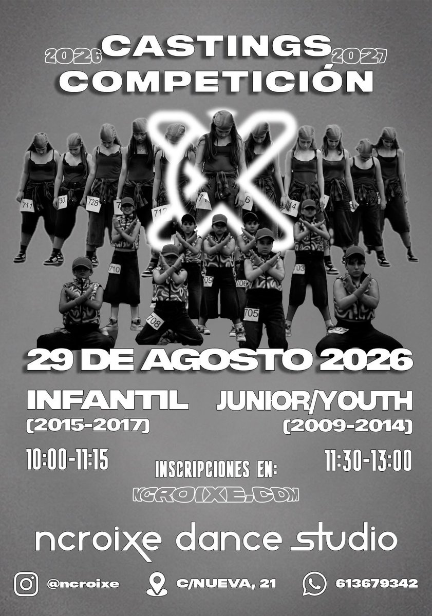 ncroixe's tweet photo. NCroiXe Dance Studio presenta
✖️CASTINGS COMPETICIÓN TEMPORADA 26/27✖️

Apúntate ya a nuestros castings que tendrán lugar el 29/08 en NCroiXe Dance Studio.

📩 Inscripciones
Rellenando el formulario que podréis encontrar https://t.co/fJtSHo5ROq. 

🚨NECESARIA INSCRIPCIÓN PREVIA https://t.co/QovA9uPoXy