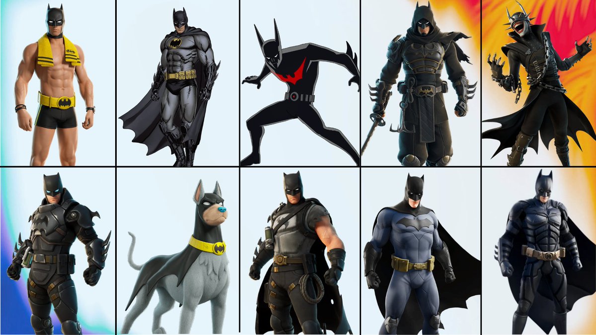 CallofMikels's tweet photo. Todas las versiones de Batman dosponibles hasta ahora en fortnite, ¿cual es la que mas te gusta? 🧐

#Fortnite via @Gaspafv https://t.co/jqV3yfnCI8