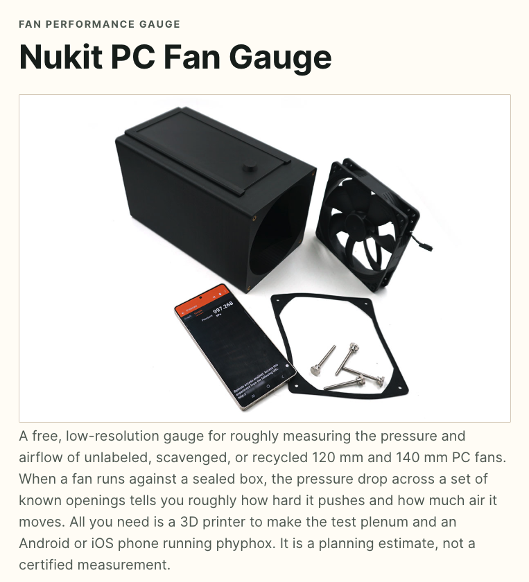 NukitToBeSure's tweet photo. Thanks to everyone who donated pictures. IAQ tools cleaned up and explained a bit better.  

This calculates your room ACH by measuring the decline in C02 over time- requires a CO2 meter. 
https://t.co/TIO2VIBSWF
So that number, plus enough CADR to get to 6 ACH is a good goal.  

This calculates the CADR of your DIY air purifier just by putting your smartphone inside. All recent iOS phones and most recent Android phones have the required barometer built in. https://t.co/CH8yaZEhbZ 

Using the same smartphone app and a 3D-printed box, this calculates the pressure curves of any random unlabeled fans you may have lying about so you can see if they are suitable for making a DIY air purifier and how they will perform: https://t.co/7nXDs3dauO

Kindly share, as this site will help people make more effective, quieter air purifiers at a lower cost🙇🏻‍♀️