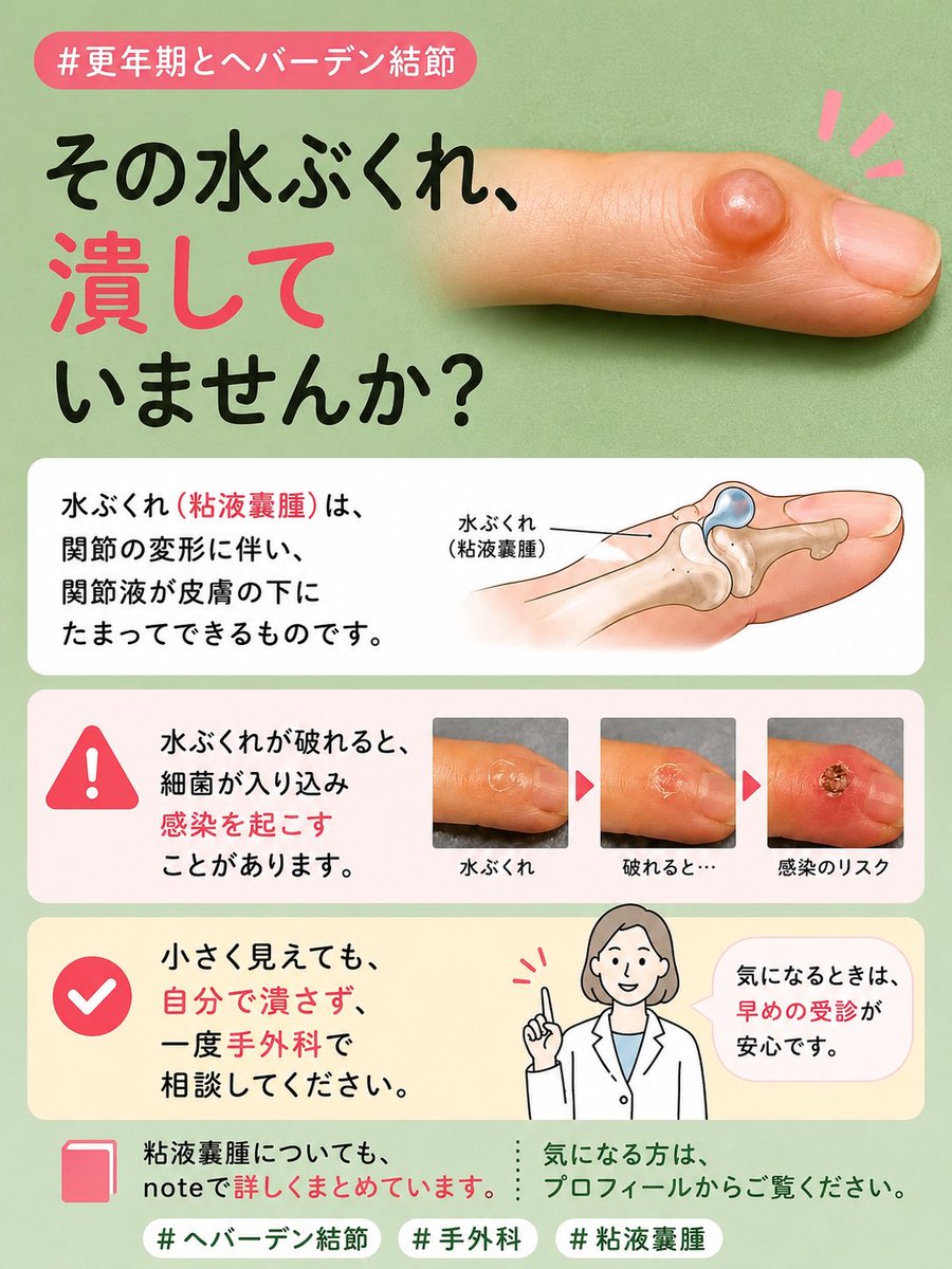 TrustTheHand110's tweet photo. 【#更年期とヘバーデン結節】

その水ぶくれ、
潰す前に読んでください。

ヘバーデン結節では、
指の第一関節に
「水ぶくれ」のようなものができることがあります。

これは「粘液嚢腫（ねんえきのうしゅ）」と呼ばれ、
関節の中とつながっていることがあります。

水ぶくれが破れると、
細菌が入り込み、
感染を起こすことがあります。

小さく見えても、
自分で潰さず、
一度手外科で相談してください。

粘液嚢腫についても、
noteで詳しくまとめています。

気になる方は、
プロフィールからご覧ください。

#ヘバーデン結節
#手外科
#粘液嚢腫
