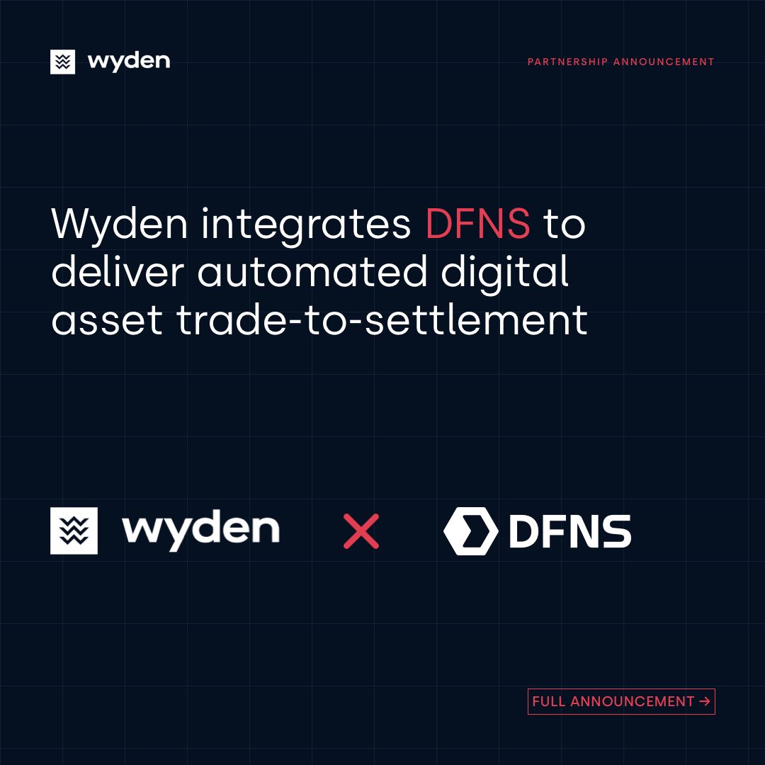 wyden_io's tweet photo. From execution to settlement, without operational friction.

As banks and brokers scale their digital asset businesses, the challenge is no longer just accessing liquidity. It's connecting trading, treasury, settlement, and governance into a single operational workflow.

Today, we're excited to announce Wyden's strategic integration with DFNS, bringing together institutional trading infrastructure and digital asset operations to automate the entire trade-to-settlement lifecycle.

Together, Wyden and DFNS enable financial institutions to:
– Automate trade-to-settlement workflows with real-time transfer visibility
– Strengthen treasury management and asset control
– Enforce governance through policy-based approvals and comprehensive audit trails
– Scale digital asset operations across wallets, balances, and transfers with greater efficiency

By integrating Wyden's trade and operating layer with DFNS' core banking platform for digital assets, banks and brokers can eliminate manual fund transfers and operational workarounds – delivering a more efficient, secure, and compliant operating model.

As institutional adoption accelerates, operational excellence is becoming a key differentiator. This integration reflects our shared vision of providing the infrastructure financial institutions need to deliver digital asset services with confidence.

Link to the full announcement in the comments.