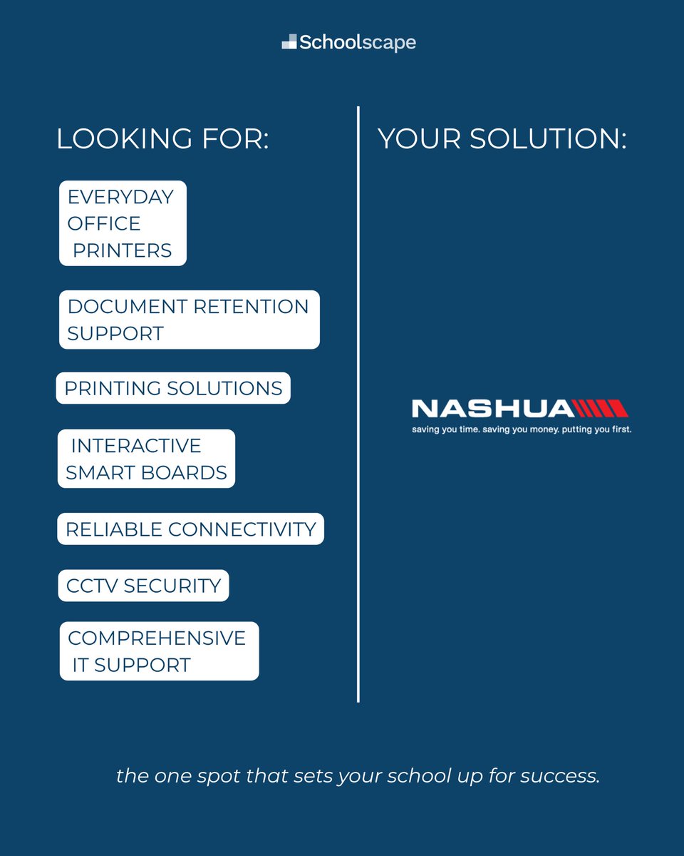 SchoolscapeLive's tweet photo. Printing shouldn’t be a headache. Nashua brings 50+ years of reliable, cost-effective print &amp; document solutions to schools. Meet them at the Principals Tee Off or check out their website: https://t.co/PRPYFmyUjy https://t.co/ejoPvcIn2s