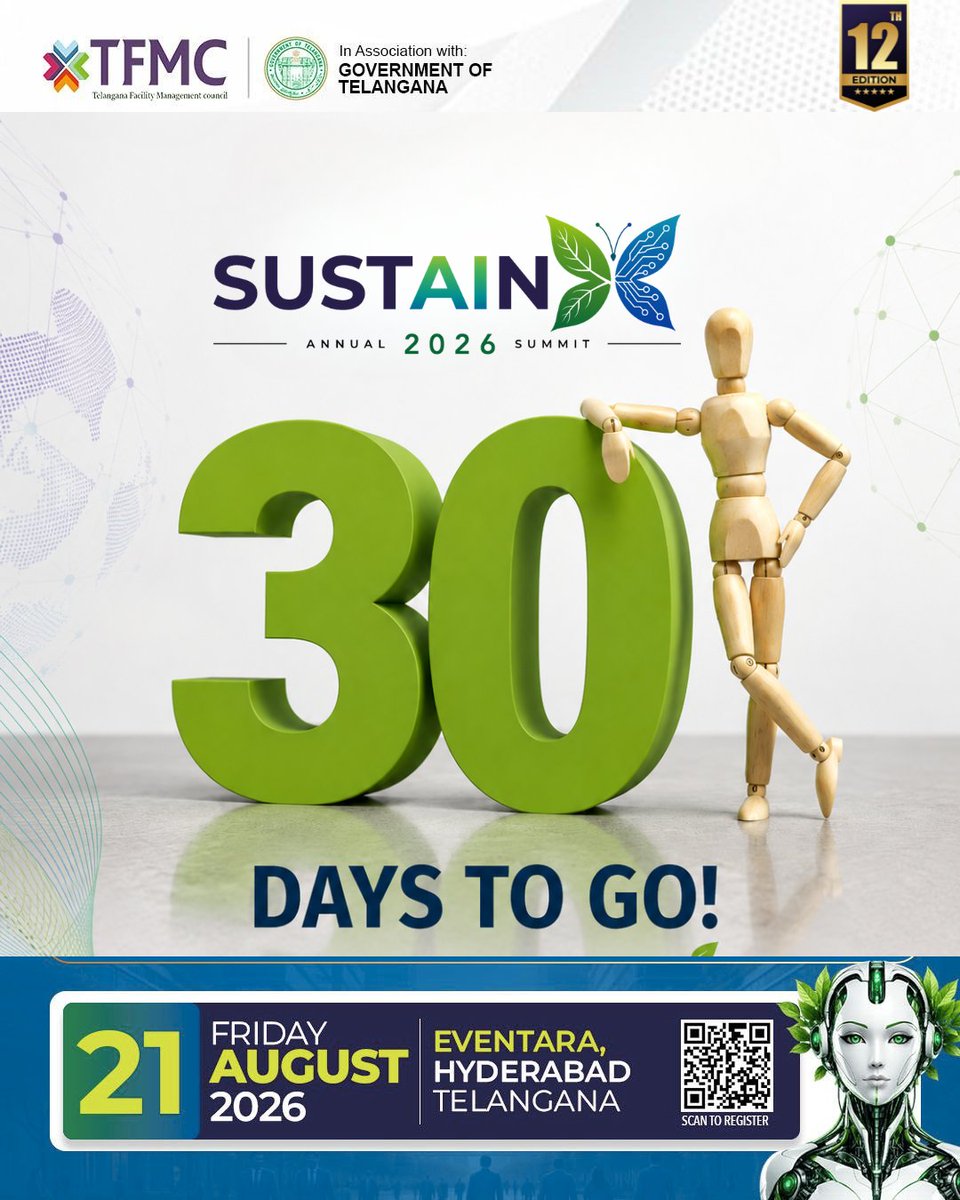 TFMC_india's tweet photo. 30 Days to Go!

The Countdown Starts!!!

In just 30 days, industry leaders, GCC executives, sustainability champions, technology innovators, and enterprise decision-makers will come together for SUSTAINX 2026. where ideas become action and collaboration shapes the future. https://t.co/hhsToPfQ53