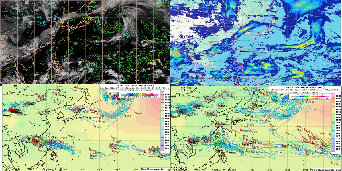 T2mike's tweet photo. #Tropical #Pacific_West #92W #93W and possible other. Area image 21/03-06UTC, 24 hour rain accumulation 21/05UTC, 21/0001UTC tracks and GFS 6 and 10 days. 
Image 21/05UTC with 21/0001UTC tracks ensembles GEFS 21/0001UTC and ECMWF 20/1800UTC https://t.co/9q5ke9KIx0