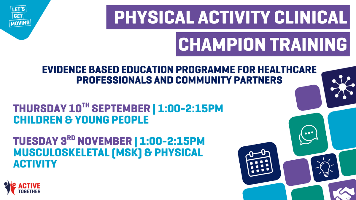 ActiveLLROrg's tweet photo. FREE PACC Training for Healthcare Professionals in LLR ‼️👋  

If you want to feel more confident talking to your patients about physical activity, our PACC online workshops give you the tools & strategies to have meaningful conversations that improve patient outcomes in your practice.  

📅 Children & Young People – Thursday 10th September 
📅 Musculoskeletal Conditions & Physical Activity – Tuesday 3rd November   

🔗 Book your place today: https://t.co/MKoNudOj69 

#LetsGetMovingLLR