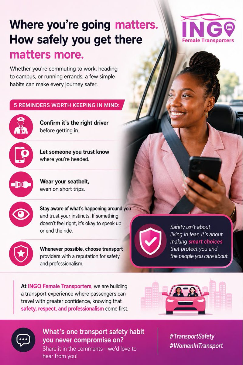 IngoFemaleT's tweet photo. Girls group trip? Organisation errand? Kids pick up/drop off? well, we often think about where we are going, but not always about how safely we'll get there.

Whether you're commuting to work, heading to campus, or running errands, few simple habits can make every journey safer. https://t.co/6odq6q3Cg3
