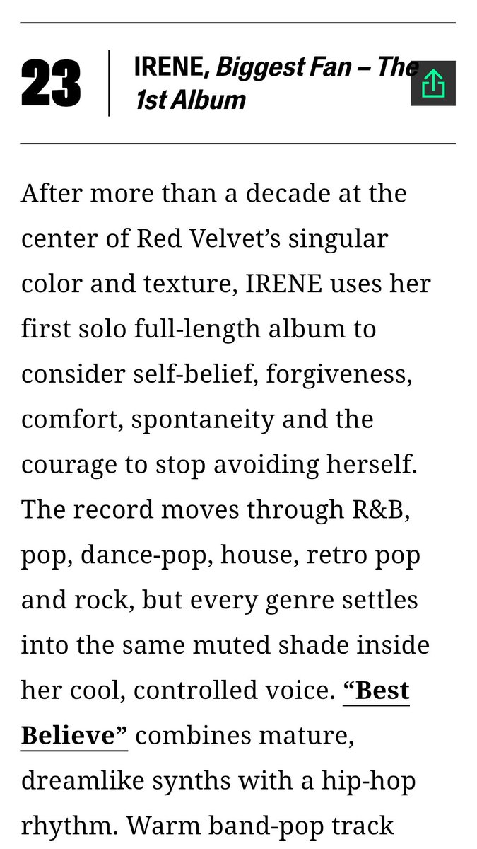 irene_global's tweet photo. Billboard has ranked Biggest Fan by Irene as one of the top 25 K-pop albums of 2026 so far! 🩷

https://t.co/QOtraqlXMQ
#IRENE #아이린 #RedVelvet @RVsmtown https://t.co/rMX3kAkBRs