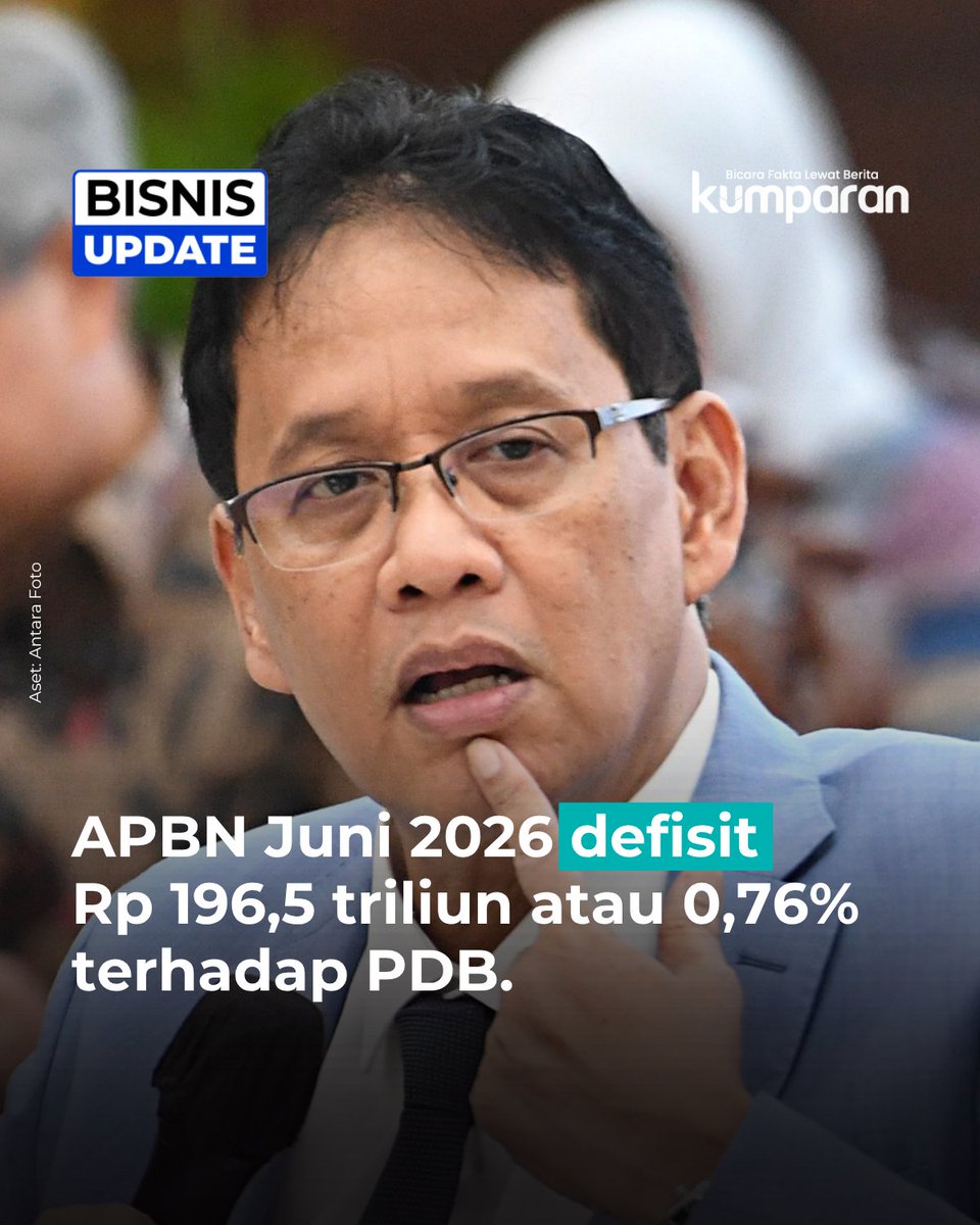 kumparan's tweet photo. Menteri Keuangan Purbaya Yudhi Sadewa mengatakan APBN hingga Juni 2026 defisit senilai Rp 196,5 triliun. Realisasi itu setara dengan 0,76 persen terhadap Produk Domestik Bruto (PDB).

Defisit dapat terjadi jika pendapatan negara lebih kecil dibanding jumlah pengeluaran atau belanja negara.

Tercatat, pendapatan negara sampai Juni 2026 mencapai Rp 1.459,4 triliun atau tumbuh 21,4 persen secara tahunan (year on year/yoy). Sementara belanja negara terealisasi sebesar Rp 1.656 triliun atau tumbuh 17,8 persen yoy.

“Defisit APBN sampai Juni tercatat sebesar Rp 196,5 triliun atau 0,76 persen terhadap PDB," ungkap Purbaya saat konferensi pers APBN KiTA di Kantor Pusat Kementerian Keuangan, Selasa (21/7).

Keseimbangan primer tercatat surplus Rp 85,1 triliun atau tumbuh 61 persen yoy.

📸: Dok. Antara Foto.

Baca selengkapnya dengan klik link di bio. Cari tahu berita update lainnya dengan download aplikasi kumparan di App Store atau Google Play.⁠

📝: bisnisupdate | update | bisnis | oneliner | R206 | E068 | E036

#bicarafaktalewatberita #kumparan