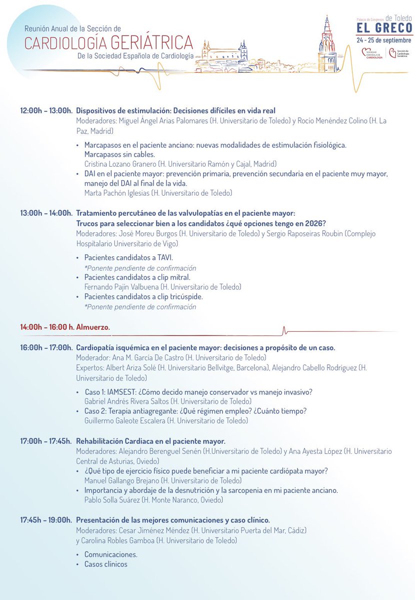 SECgeriatrica's tweet photo. Tienes planes para finales de septiembre?🤔

Que te parecería un fin de semana en Toledo poniéndote al día con las últimas novedades en Cardiogeriatria☺️

Pues inscríbete a nuestra reunión!!

📅 24-25 de septiembre
🏰Palacion de congresos El Greco

Te esperamos! https://t.co/V2IXZjLWYA