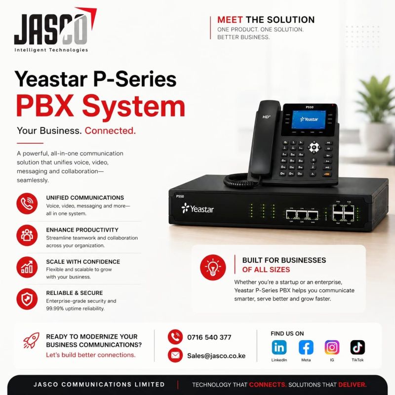 jasco_comms's tweet photo. Introducing: Yeastar P-Series PBX 📞

Unify voice, video, messaging, and mobility on one platform to keep your teams connected and your business running smoothly.

📞 0716 540 377
📧 Sales@jasco.co.ke

#Yeastar #PBX #UnifiedCommunications #VoIP #BusinessCommunication https://t.co/iuRQZYnXsW